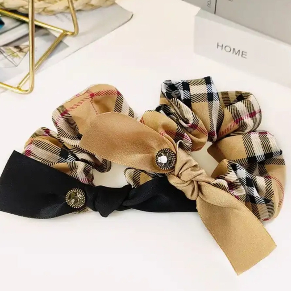Plaid and Solid Hair Scrunchies Set